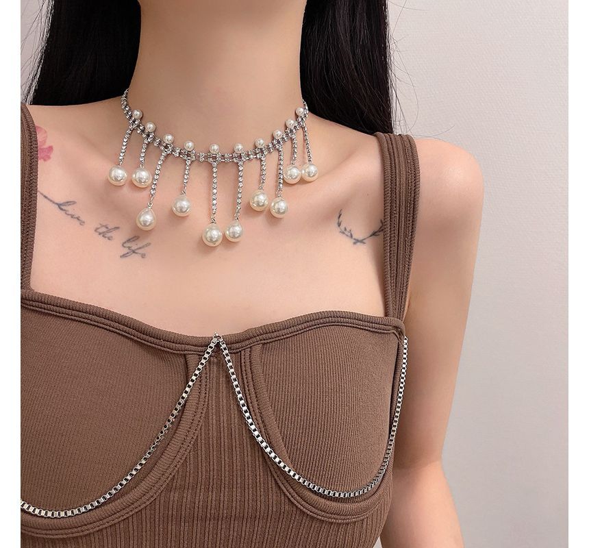 Fringed Faux Rhinestone Choker Pearl Alloy
