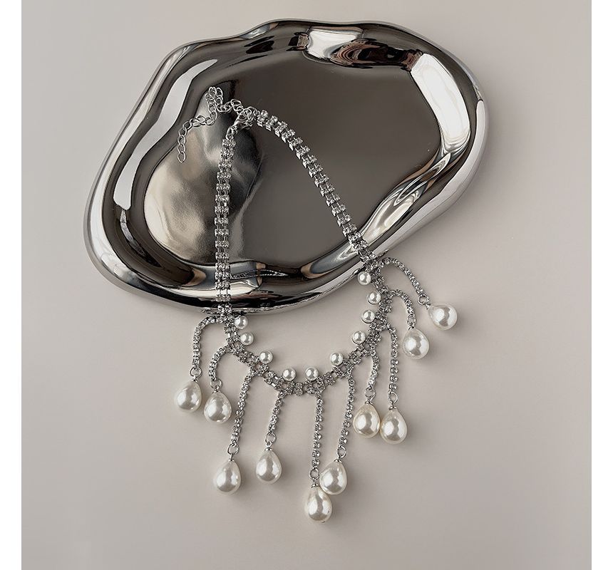 Fringed Faux Rhinestone Choker Pearl Alloy