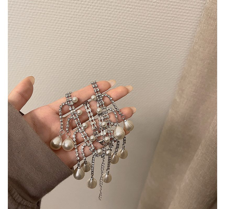 Fringed Faux Rhinestone Choker Pearl Alloy