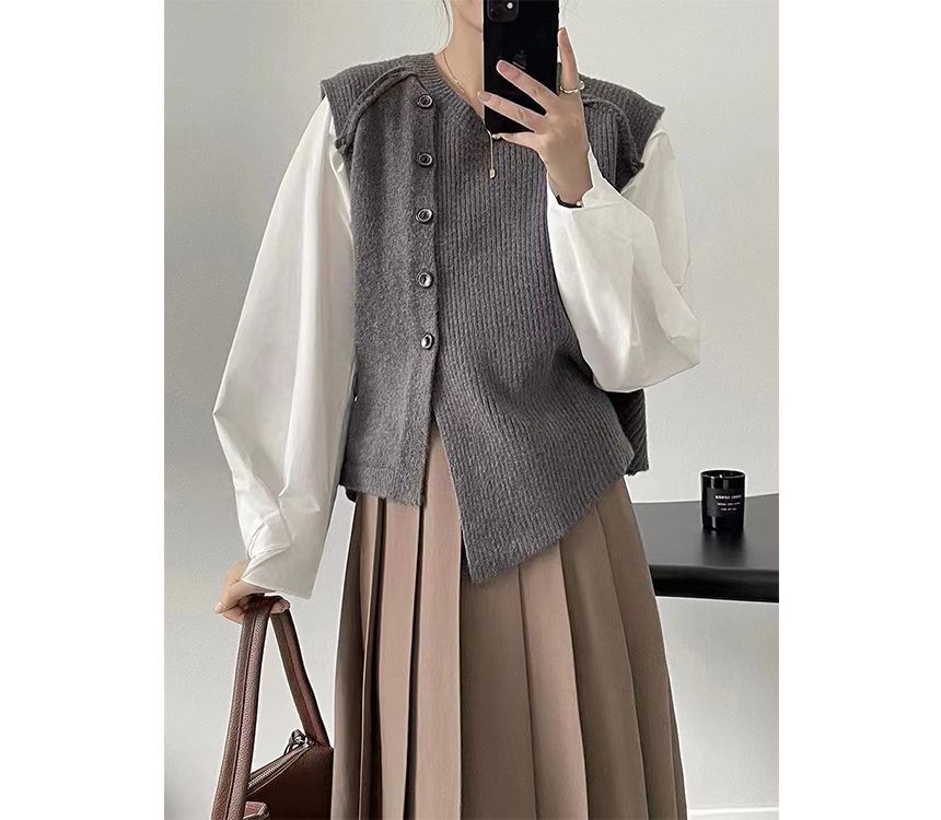 Button-Up Neck Sweater Crew Plain Asymmetrical Vest Hem