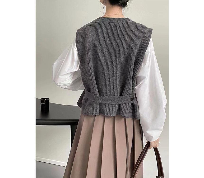 Button-Up Neck Sweater Crew Plain Asymmetrical Vest Hem