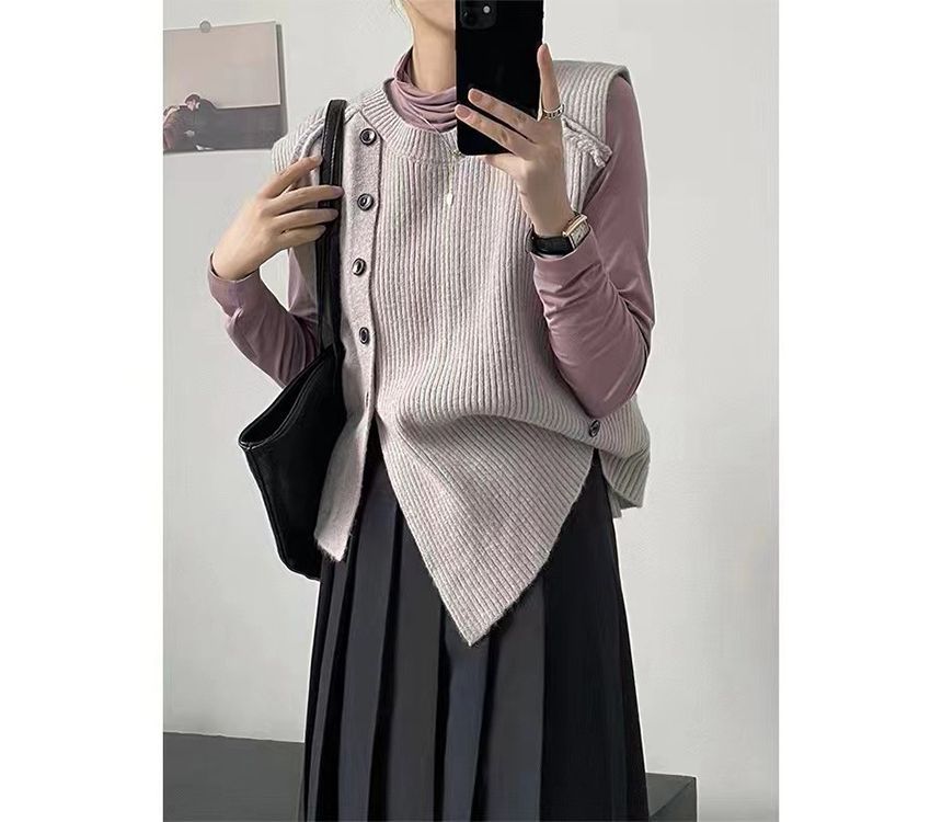 Button-Up Neck Sweater Crew Plain Asymmetrical Vest Hem