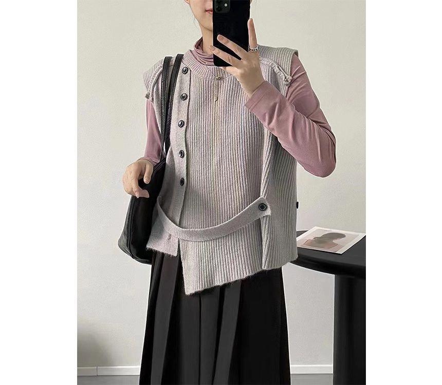 Button-Up Neck Sweater Crew Plain Asymmetrical Vest Hem
