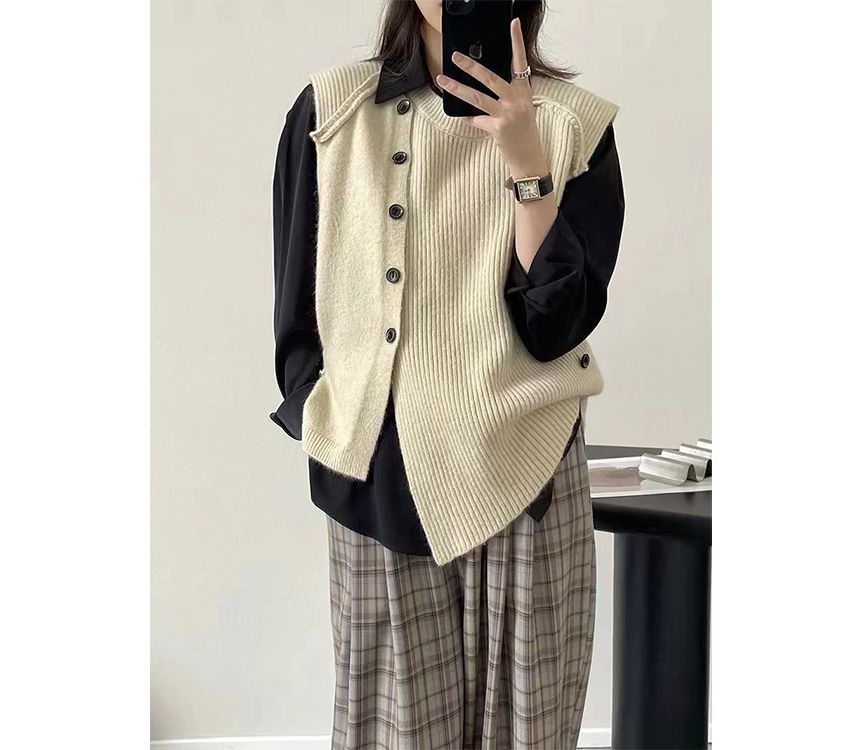 Button-Up Neck Sweater Crew Plain Asymmetrical Vest Hem