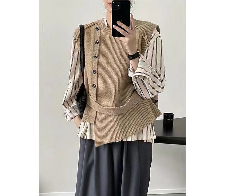 Button-Up Neck Sweater Crew Plain Asymmetrical Vest Hem