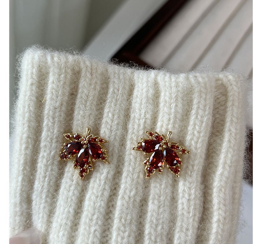 Rhinestone Earring Alloy Leaf