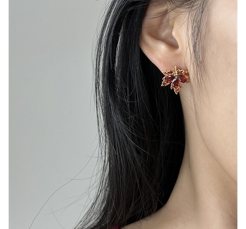 Rhinestone Earring Alloy Leaf