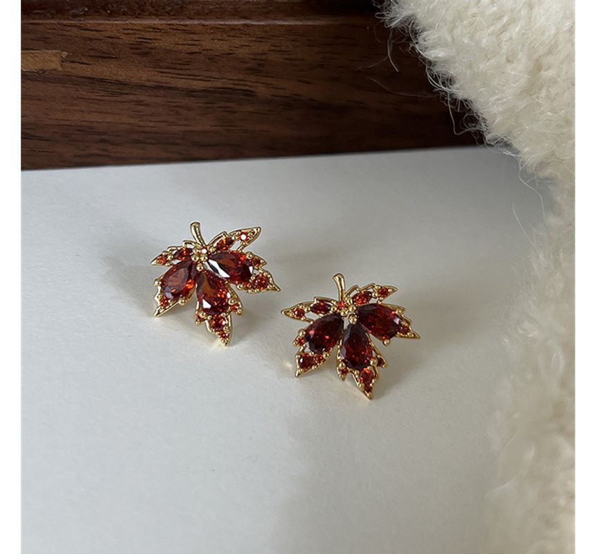 Rhinestone Earring Alloy Leaf