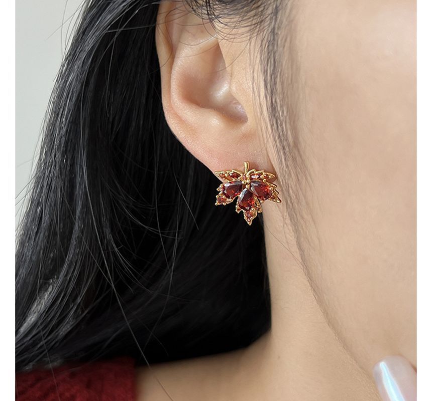 Rhinestone Earring Alloy Leaf