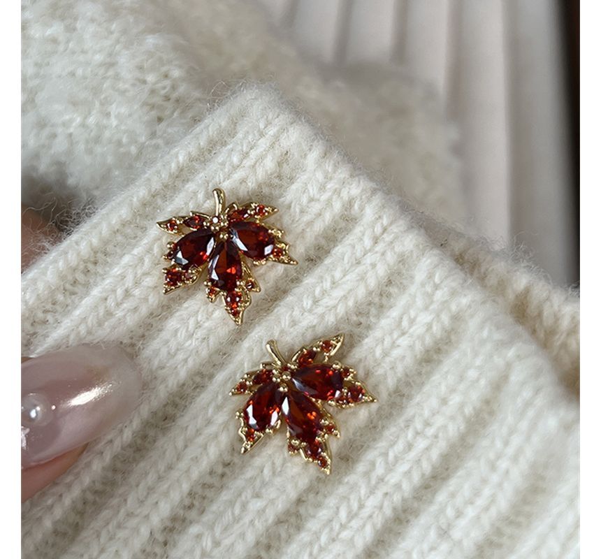 Rhinestone Earring Alloy Leaf