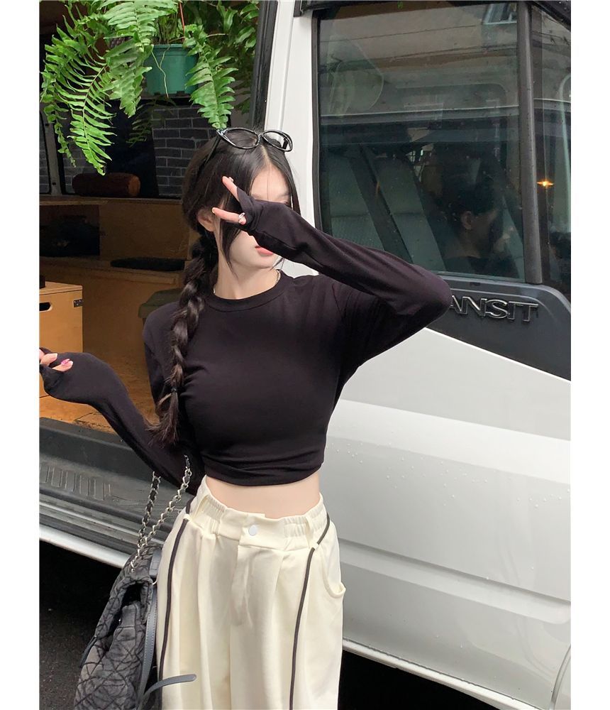 Wide Round Cutout Drawstring / Long-Sleeve Neck Plain Crop Leg Striped Sweatpants Waist Tee