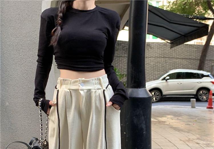 Wide Round Cutout Drawstring / Long-Sleeve Neck Plain Crop Leg Striped Sweatpants Waist Tee