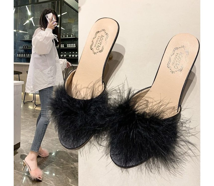 Slide High Heel Feather Sandals