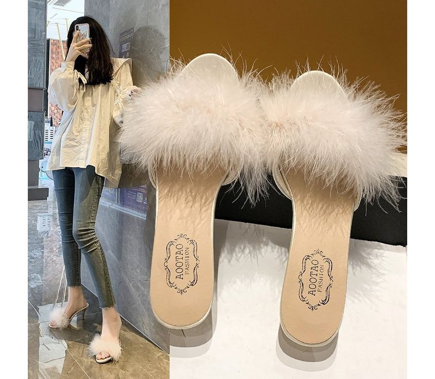 Slide High Heel Feather Sandals