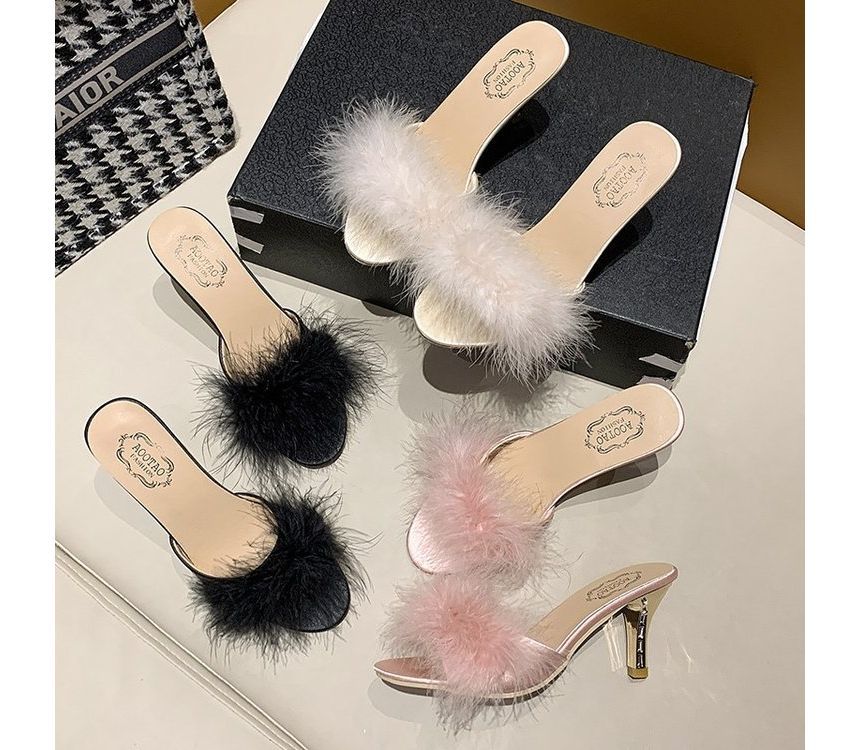 Slide High Heel Feather Sandals