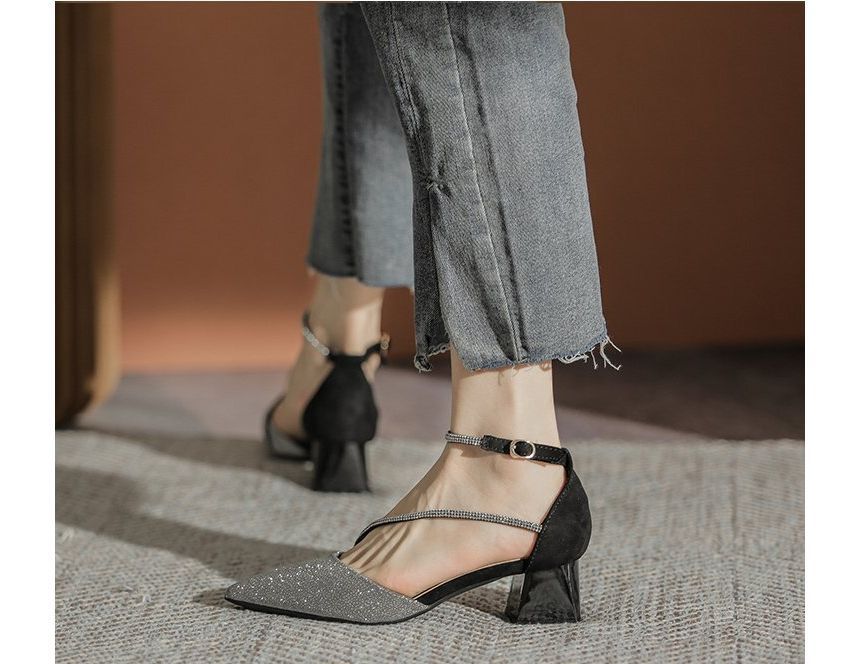 Heel Block Pointy Sandals Rhinestone