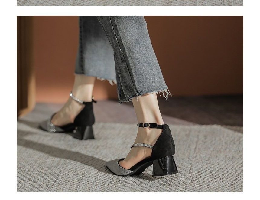 Heel Block Pointy Sandals Rhinestone