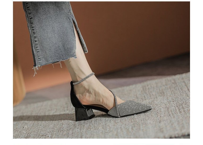 Heel Block Pointy Sandals Rhinestone
