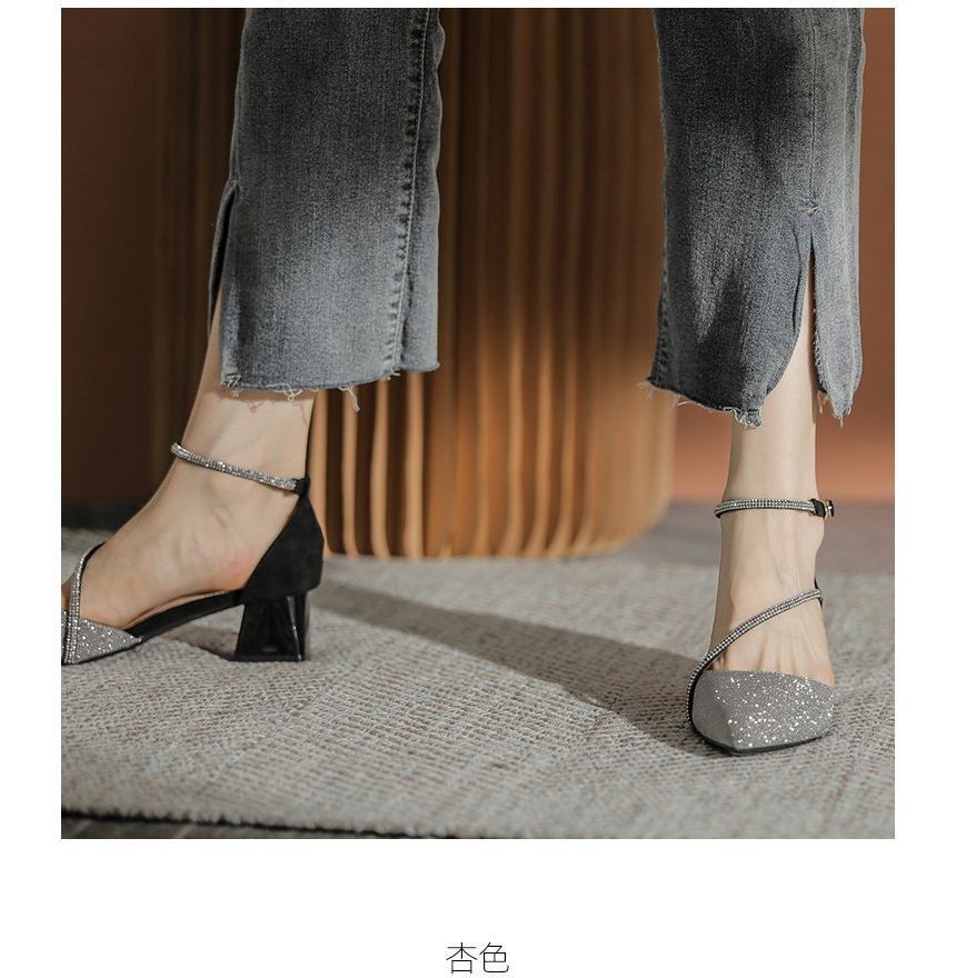 Heel Block Pointy Sandals Rhinestone