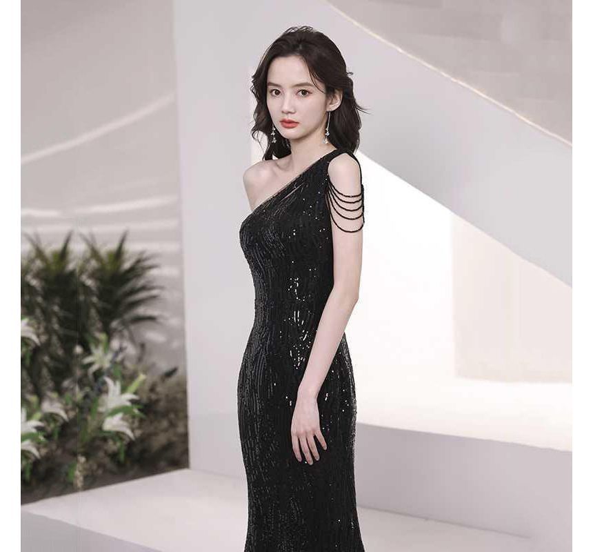 Mermaid Sleeveless One-Shoulder Dress Sequin Evening Maxi