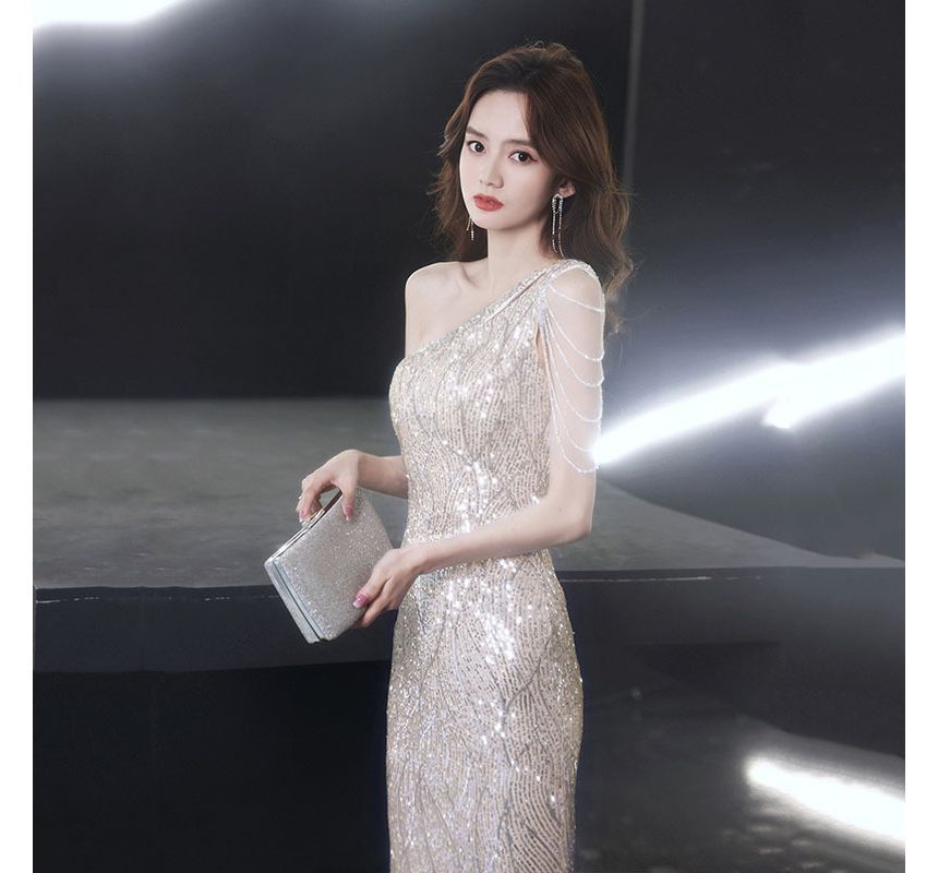 Mermaid Sleeveless One-Shoulder Dress Sequin Evening Maxi