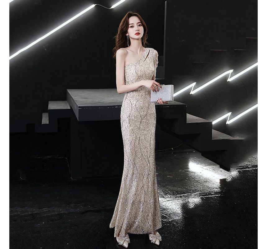 Mermaid Sleeveless One-Shoulder Dress Sequin Evening Maxi