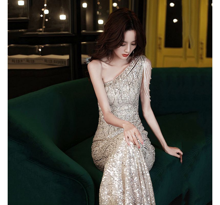 Mermaid Sleeveless One-Shoulder Dress Sequin Evening Maxi