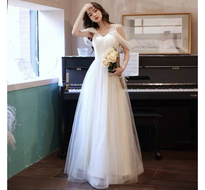 Evening A-Line Gown Panel Plain Mesh Spaghetti Strap