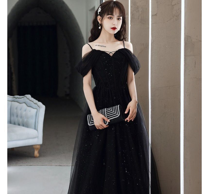 Evening A-Line Gown Panel Plain Mesh Spaghetti Strap
