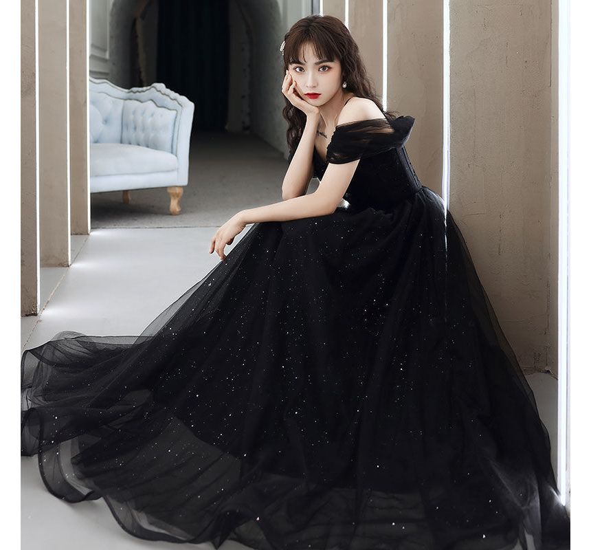 Evening A-Line Gown Panel Plain Mesh Spaghetti Strap