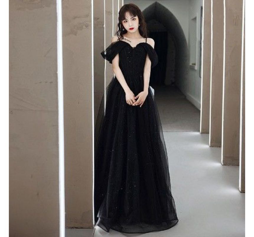 Evening A-Line Gown Panel Plain Mesh Spaghetti Strap