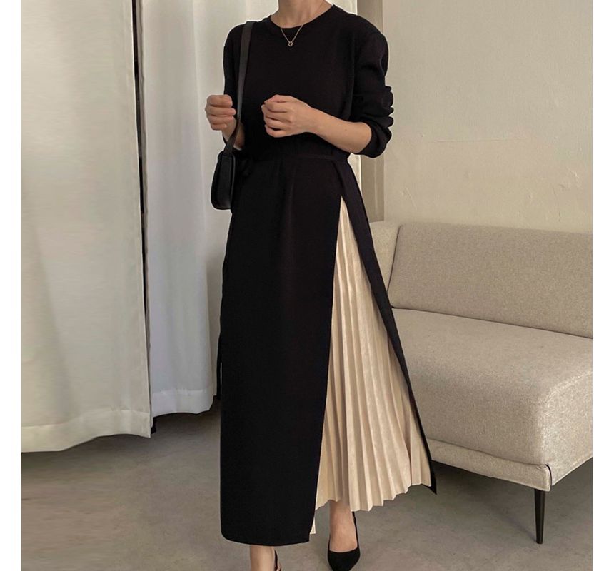 Mock Two-Piece Long-Sleeve Pleated Panel Midi A-Line Knit Dress