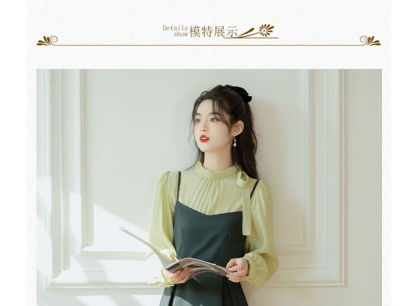 Set: Mock Neck Plain Bow Blouse + Midi Dungaree Dress