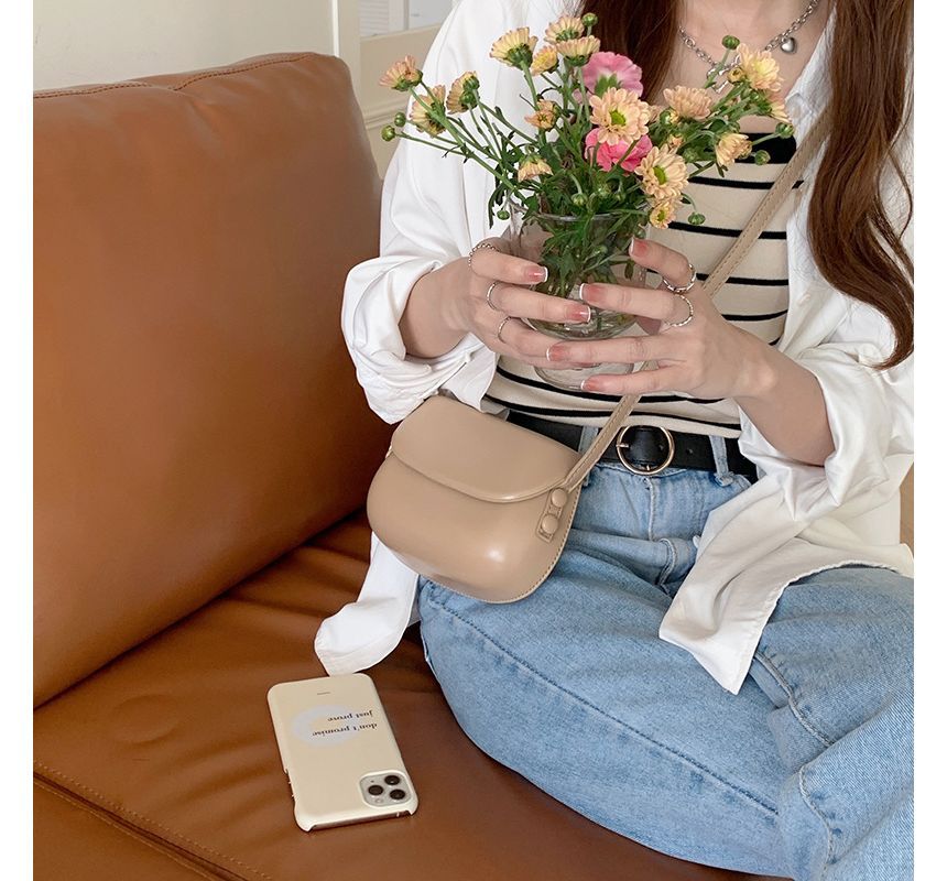 Buckled Leather Flap Faux Crossbody Bag