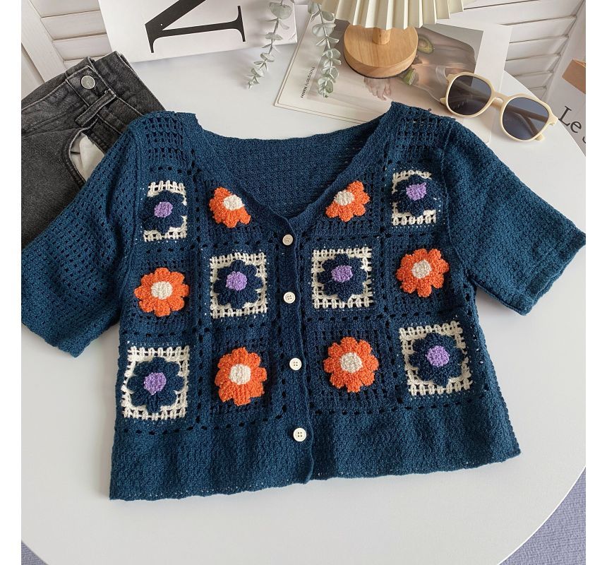 Short-Sleeve V-Neck Floral Crochet Knit Crop Cardigan