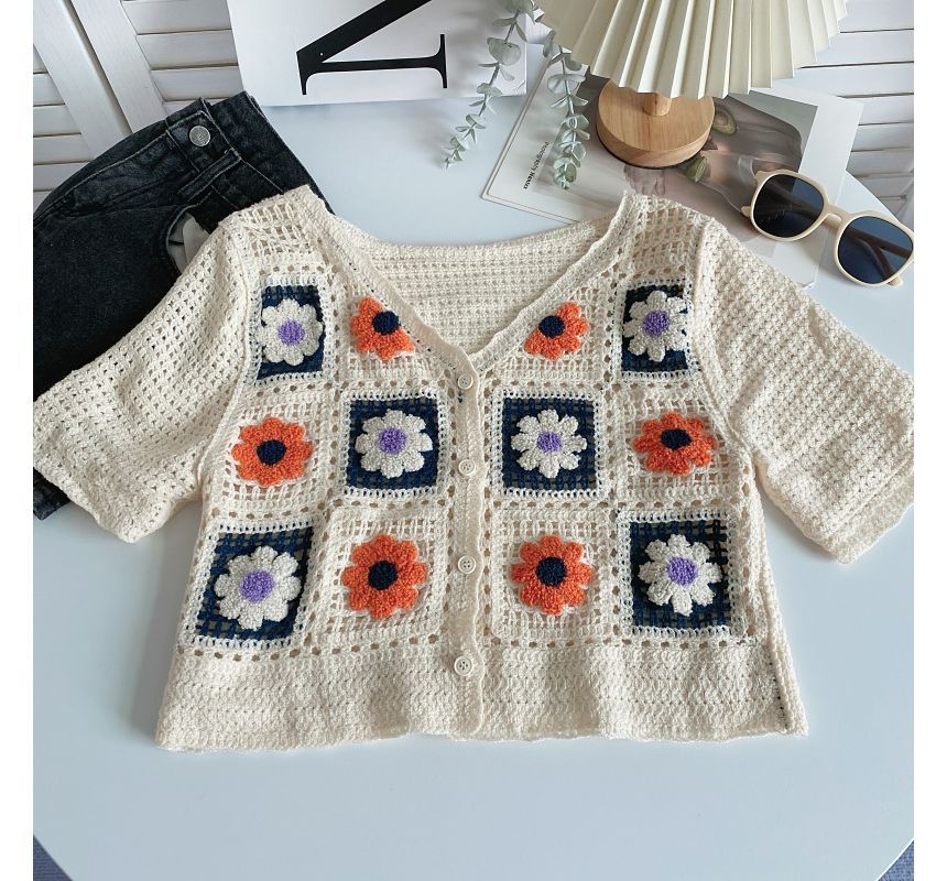 Short-Sleeve V-Neck Floral Crochet Knit Crop Cardigan