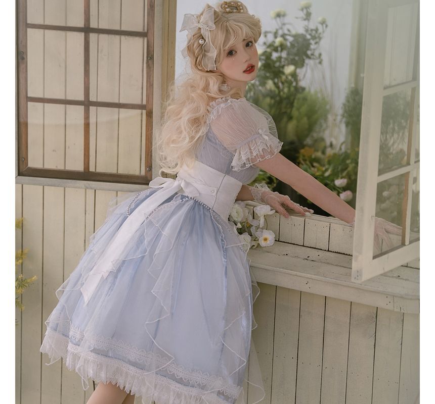 Lolita Puff-Sleeve Plain Lace Trim Midi A-Line Dress / A-Line Skirt / Tights / Set