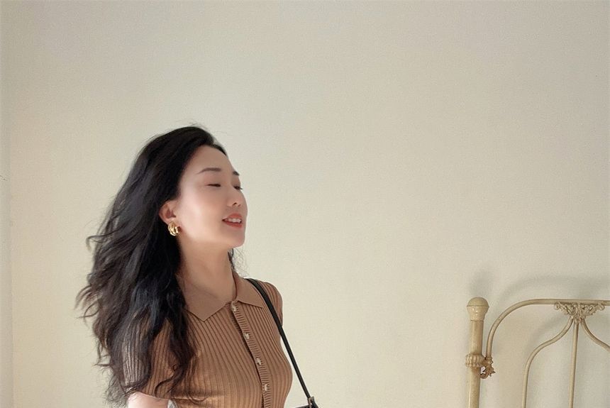 Plain Short-Sleeve Sheath Knit Midi Dress Polo