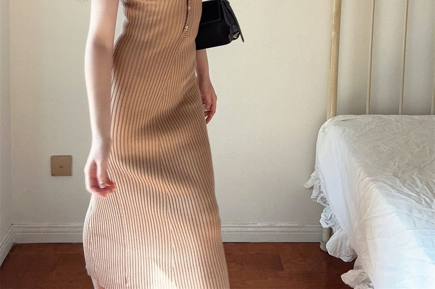 Plain Short-Sleeve Sheath Knit Midi Dress Polo