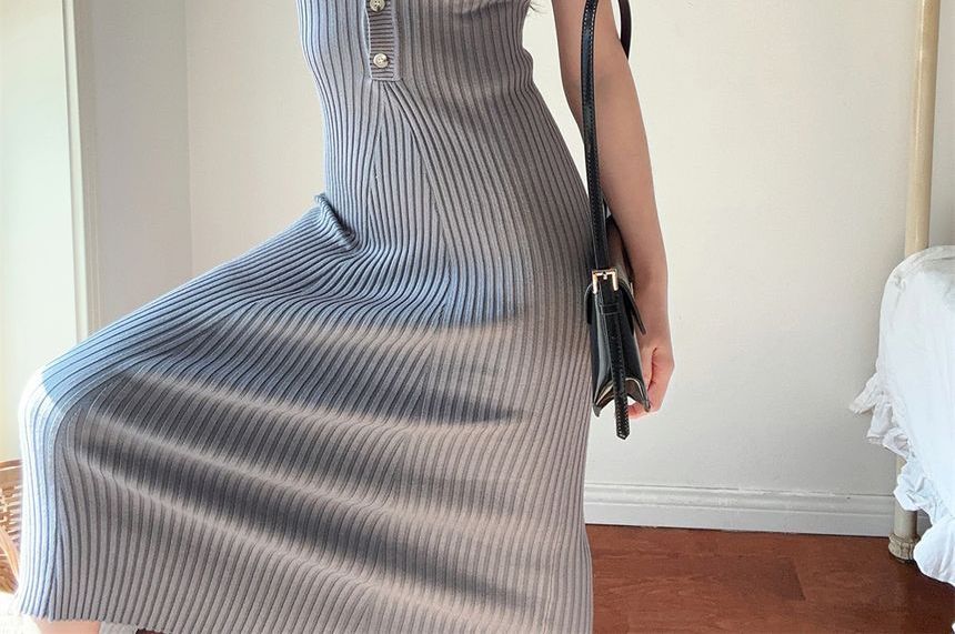 Knit Dress Short-Sleeve Sheath Polo Midi Plain