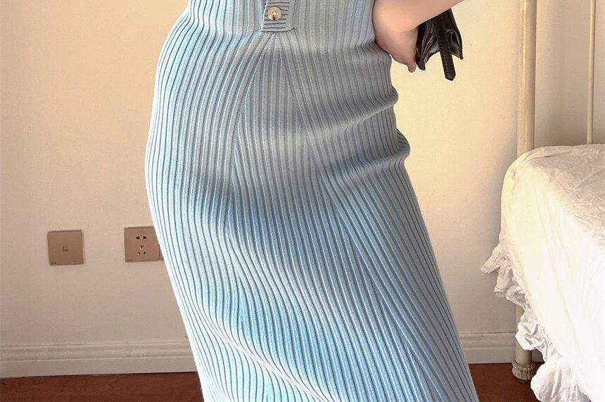 Plain Short-Sleeve Sheath Knit Midi Dress Polo