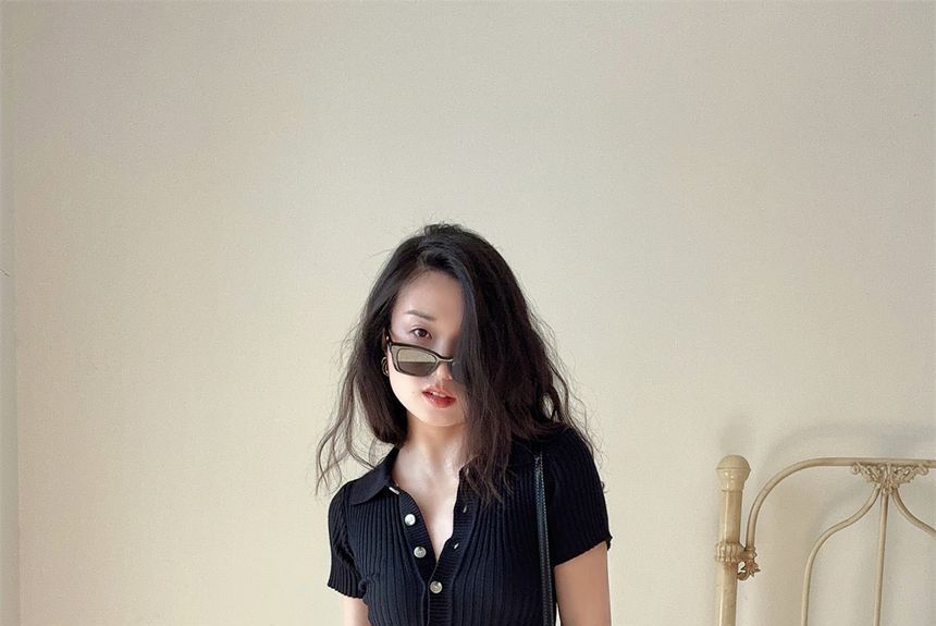 Knit Dress Short-Sleeve Sheath Polo Midi Plain