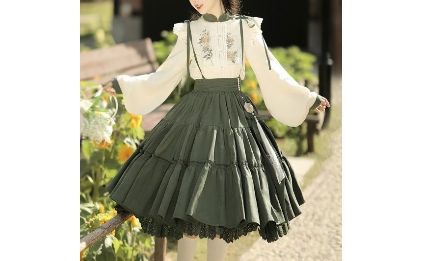 Flower Embroidered Lace Trim Lolita Blouse / Midi Jumper Dress / Set G178