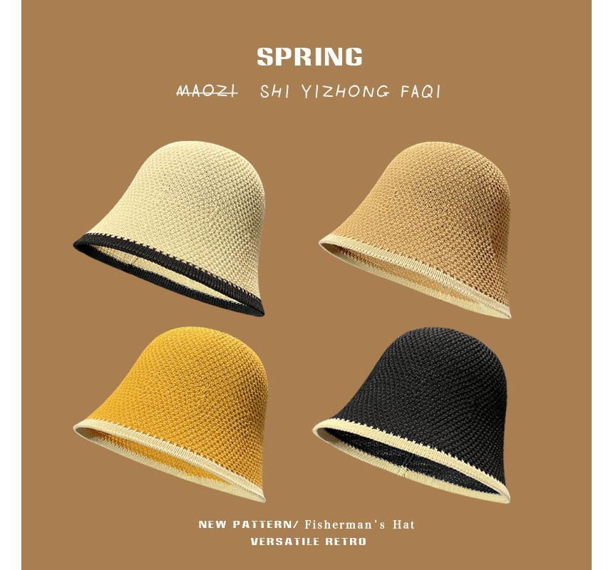 Trim Hat Knit Contrast Plain Bucket