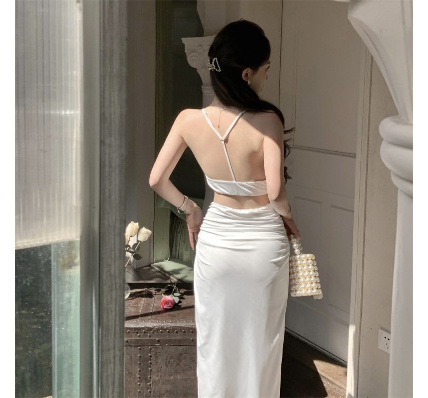 Twist Camisole Skirt Top + Waist Ruched Plain Slit High-Low Crop A-Line High Set: