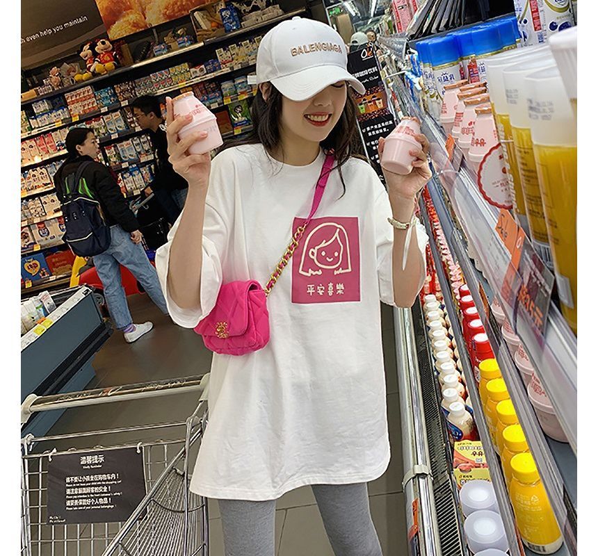 Print Elbow-Sleeve Crew Neck T-Shirt Cartoon