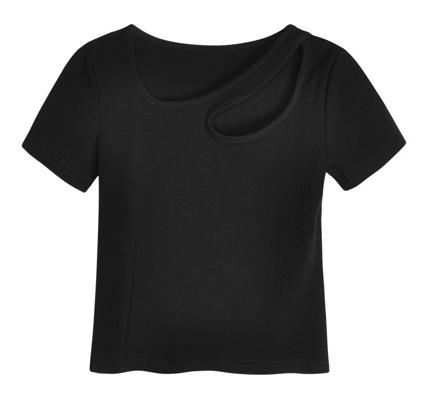 Neck Plain Cutout Asymmetrical T-Shirt Short-Sleeve