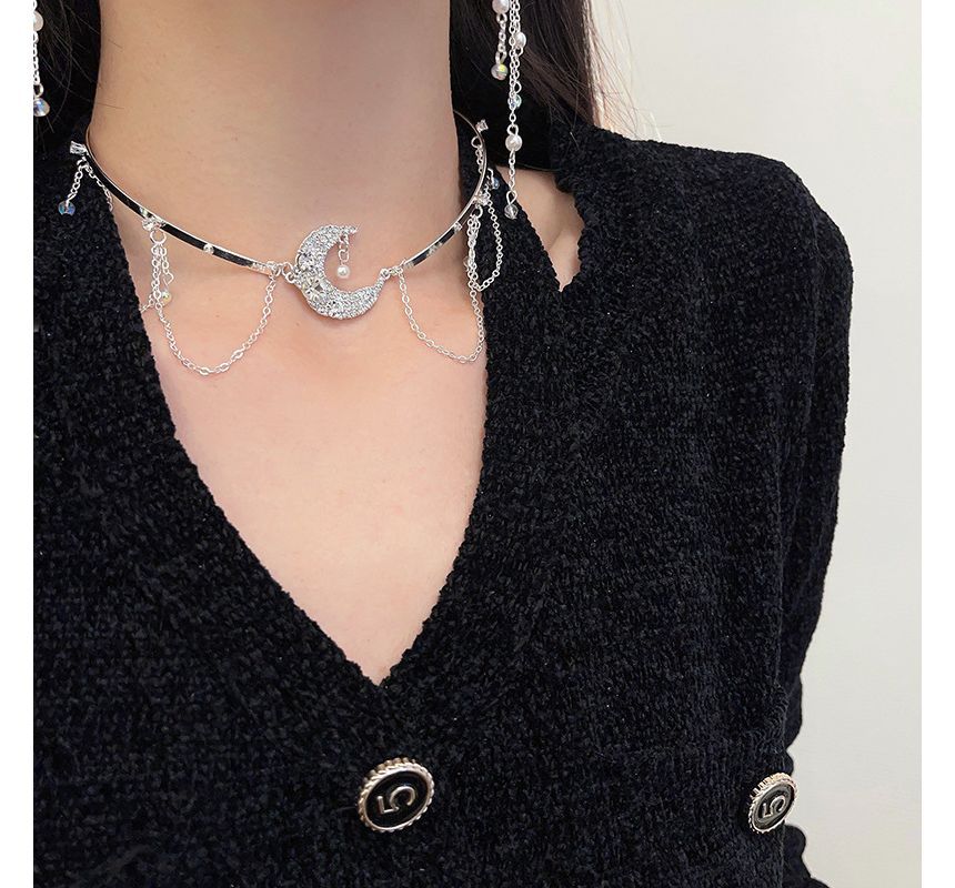 Fringed Earring Alloy / Choker Moon Star