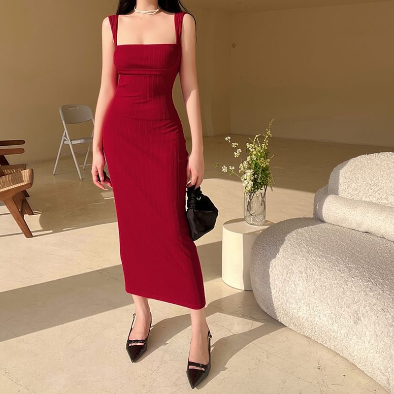 Maxi Neck Dress Sleeveless Sheath Plain Square