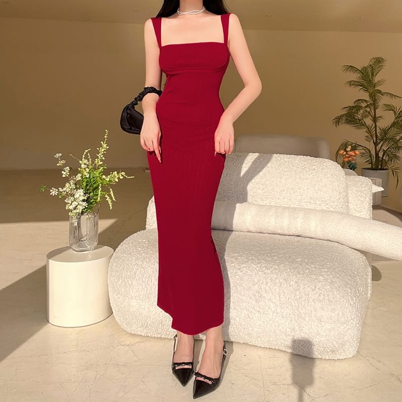Maxi Neck Dress Sleeveless Sheath Plain Square